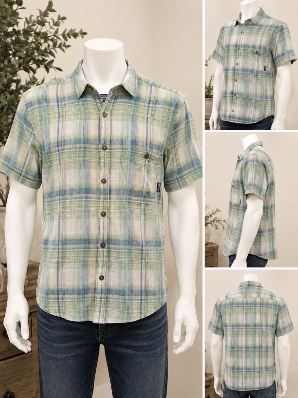 Patagonia Men’s Light Green & Blue Plaid Short-Sleeve Button-Down